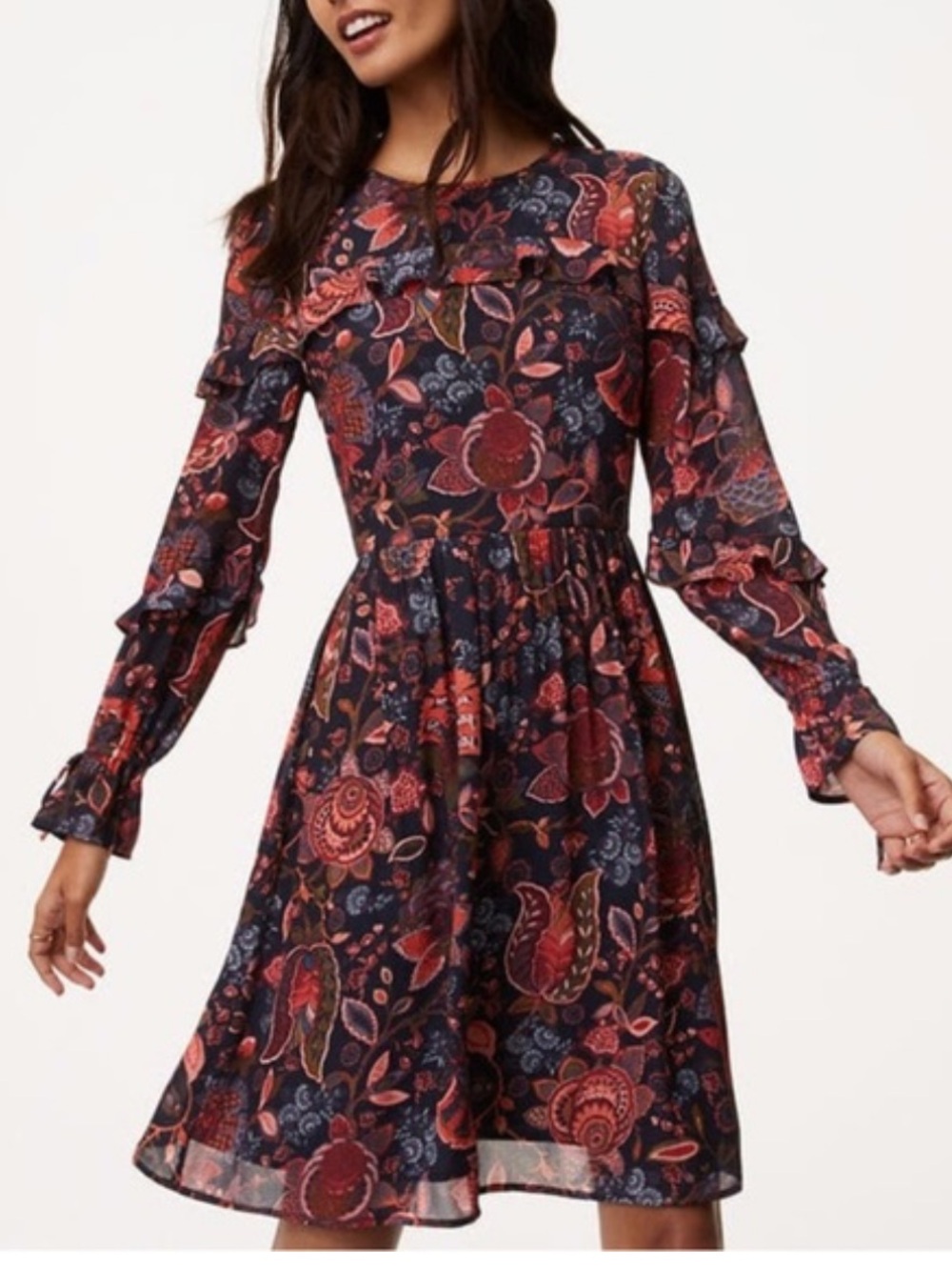 LOFT Navy Floral Long-Sleeve Ruffle Dress with Red Accents